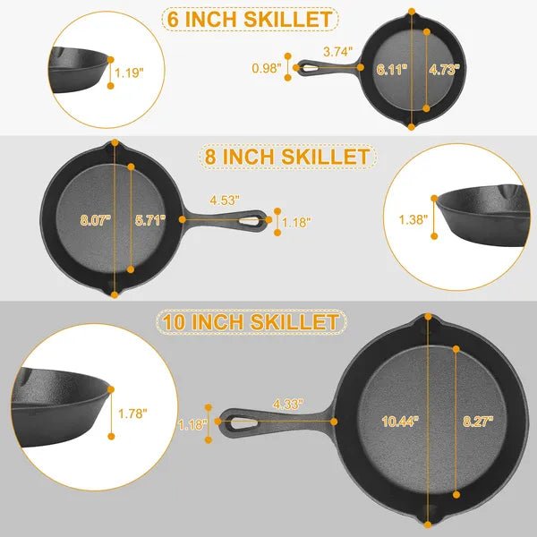 3-Piece Pre-Seasoned Cast Iron Skillet Set (6", 8", 10") - Smart Living Co.