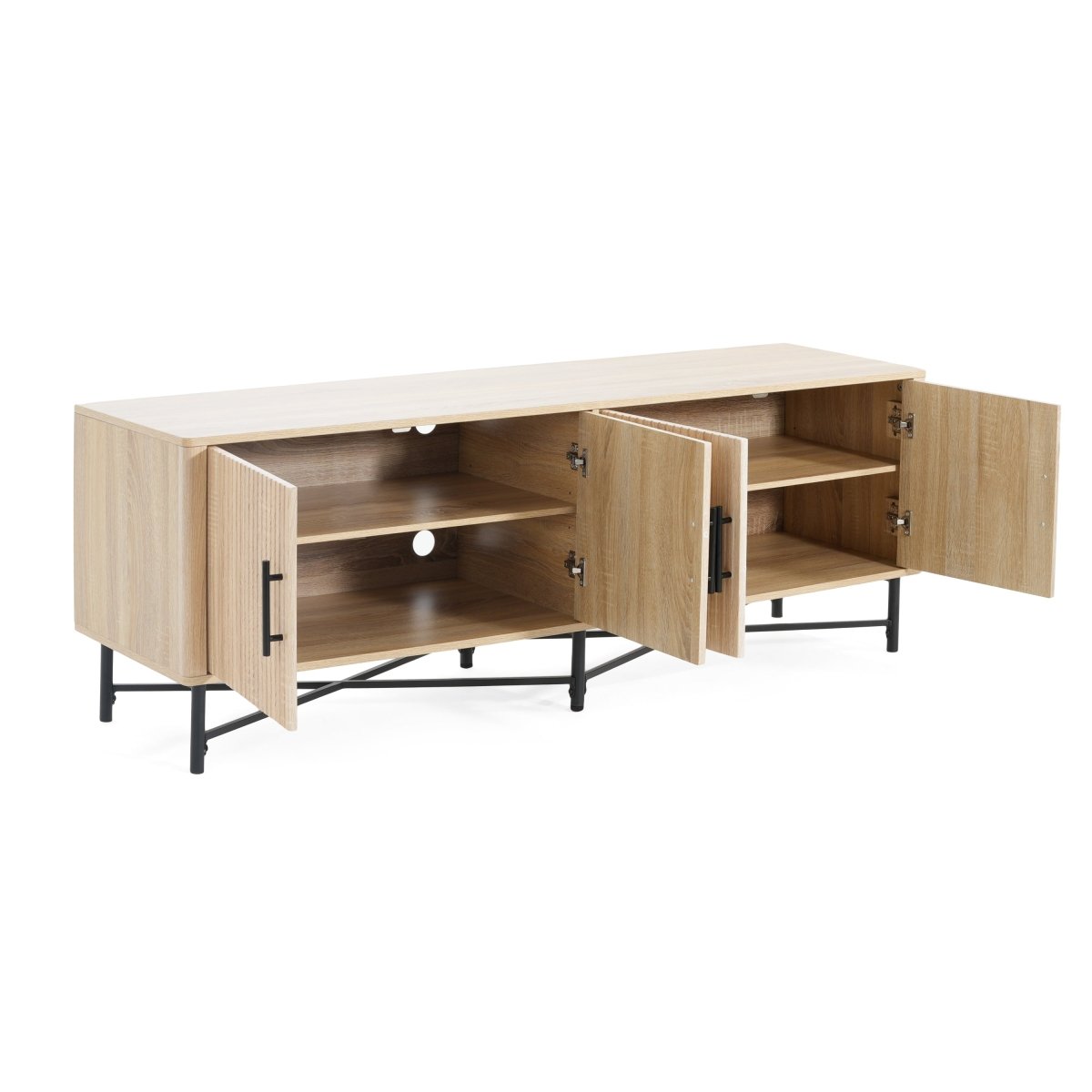 4-Door TV Cabinet with Adjustable Shelves - Natural Wood, 66" Wide - Smart Living Co.