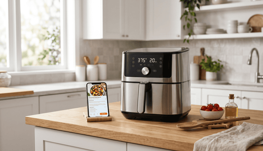 Smart home and kitchen appliances including a countertop air fryer on a modern kitchen counter