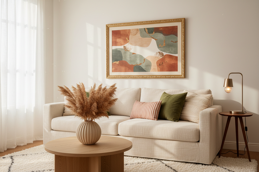 Boho home decor wall art in terracotta and sage tones styled in a warm living room