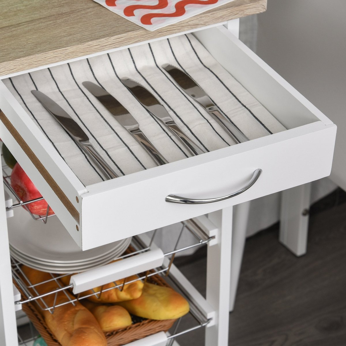 Solid Wood Rolling Kitchen Island, Storage Solution with Fruit Baskets and Drawer - Smart Living Co.